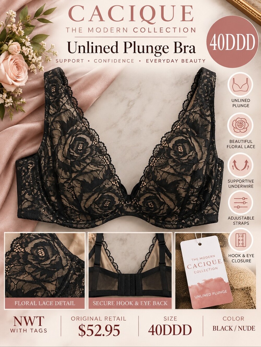 NWT Cacique 40DDD / 40F Unlined Plunge Bra Black Nude Floral Lace